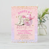 ピンクグリッターと金ゴールドブーツときらきら光る誕生日 招待状 (スタンド正面)