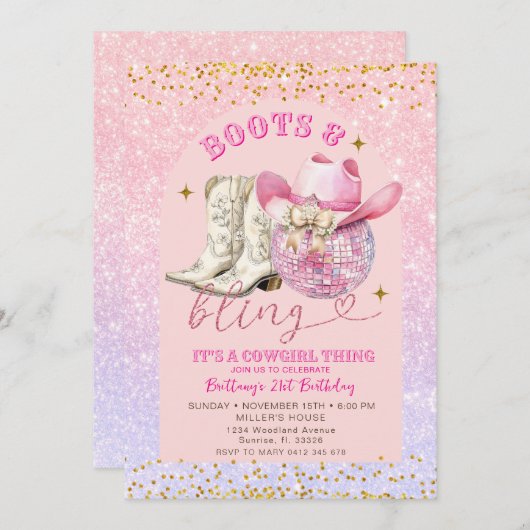 ピンクグリッターと金ゴールドブーツときらきら光る誕生日 招待状 (正面/裏面)