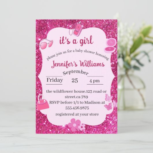 ピンクグリッターのベビーガールシャワー 招待状 (スタンド正面)