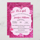 ピンクグリッターのベビーガールシャワー 招待状 (正面/裏面)
