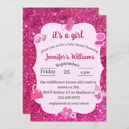 ピンクグリッターのベビーガールシャワー 招待状 (正面/裏面)