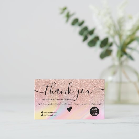 ピンクグリッターの虹大理石感謝してい注文 名刺 (スタンド正面)