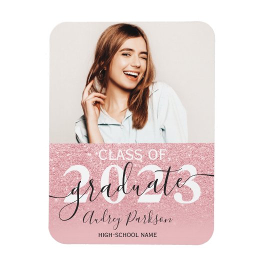 ピンクグリッターの輝グラデーションく写真の卒業 マグネット (縦)