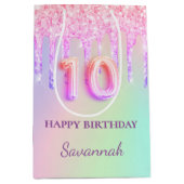ピンクグリッターはホログラフィック10th誕生日を乾燥させる ミディアムペーパーバッグ (正面)