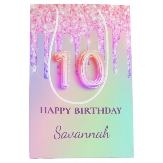 ピンクグリッターはホログラフィック10th誕生日を乾燥させる ミディアムペーパーバッグ (正面)