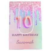 ピンクグリッターはホログラフィック10th誕生日を乾燥させる ミディアムペーパーバッグ (裏面)