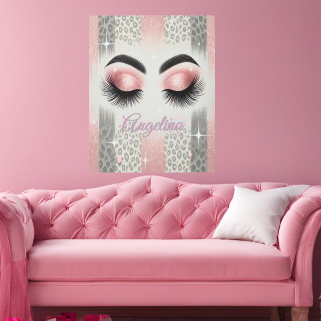 ピンクグリッターまつげ メタルプリント (Pink glitter lashes metal print — luxe glam gift for bride, MOH, or beauty lover)