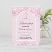 ピンクグリッターアーチガール金ゴールドクロス《キリスト教》洗礼式や命名式 招待状 (スタンド正面)