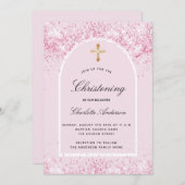 ピンクグリッターアーチガール金ゴールドクロス《キリスト教》洗礼式や命名式 招待状 (正面/裏面)
