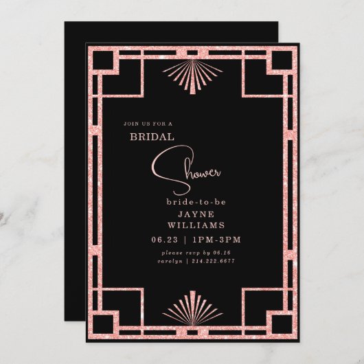 ピンクグリッターアートデコフレーム ブラック ブライズシャワー 招待状 (正面/裏面)