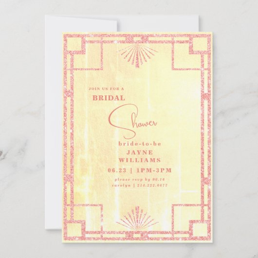 ピンクグリッターイエローアールデコブライダルシャワー 招待状 (正面)