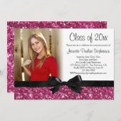 ピンクグリッターイメージリボンボーフォト卒業 招待状 (正面/裏面)