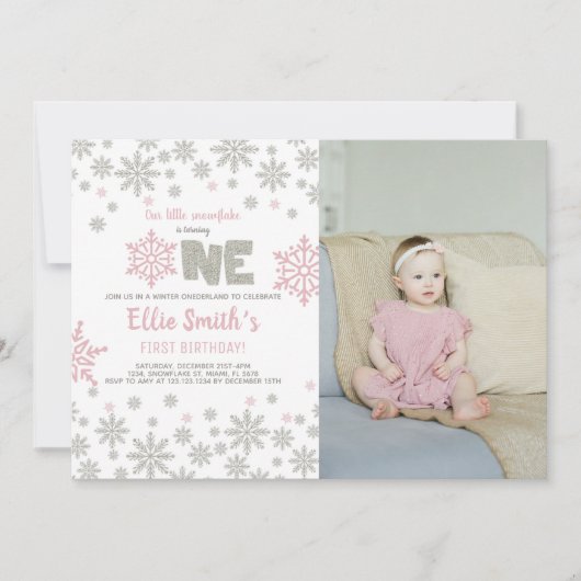 ピンクグリッターウィンターワンダーランド誕生日招待状 招待状 (正面)