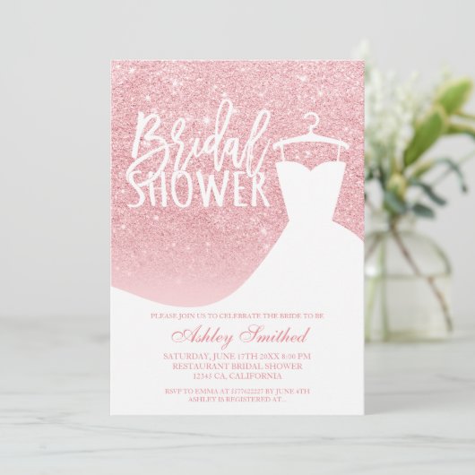 ピンクグリッターエレガントシックなドレスブライダルシャワー 招待状 (スタンド正面)