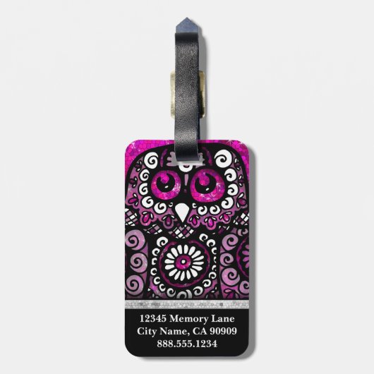 ピンクグリッターエレガントブラックガーリートラベルバードフクロウ ラゲッジタグ (裏面縦)