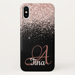 ピンクグリッターオンブラックモノグラム名 iPhone X ケース