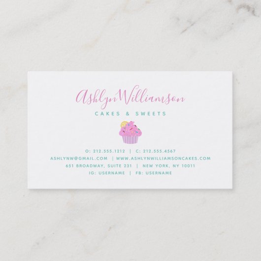 ピンクグリッターカップケーキベーカリーパティシシェフターコイズ 名刺 (裏面)