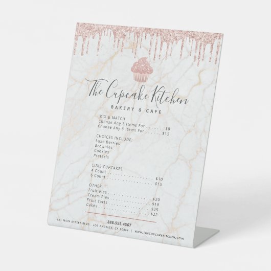 ピンクグリッターカップケーキマーブルベーカリーメニュー価格表 台座サイン (正面)