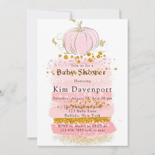 ピンクグリッターカボチャ女の子ベビーシャワー 招待状 (正面)