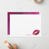 ピンクグリッターガーリー口紅キスパーソナライズされた ノートカード (正面/裏面インサイチュ)