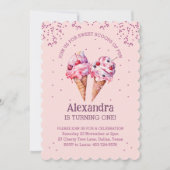 ピンクグリッターガールアイスクリーム1st誕生日パーティー 招待状 (正面)