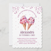 ピンクグリッターガールアイスクリーム1st誕生日 招待状 (正面)