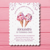 ピンクグリッターガールアイスクリーム1st誕生日 招待状
