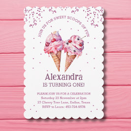 ピンクグリッターガールアイスクリーム1st誕生日 招待状