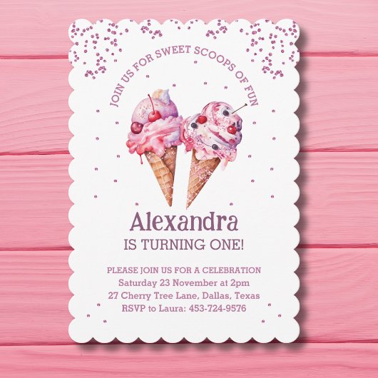 ピンクグリッターガールアイスクリーム1st誕生日 招待状
