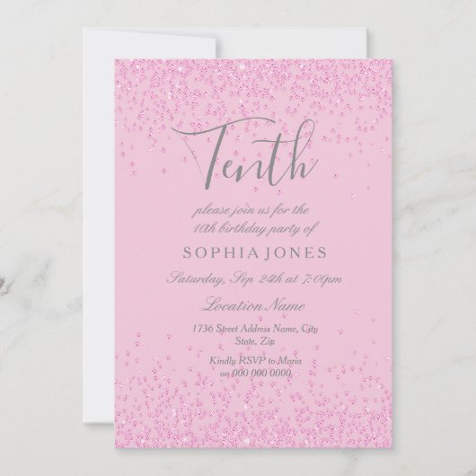 ピンクグリッターガールズ10thバースデーパーティー招待状 招待状 (正面)