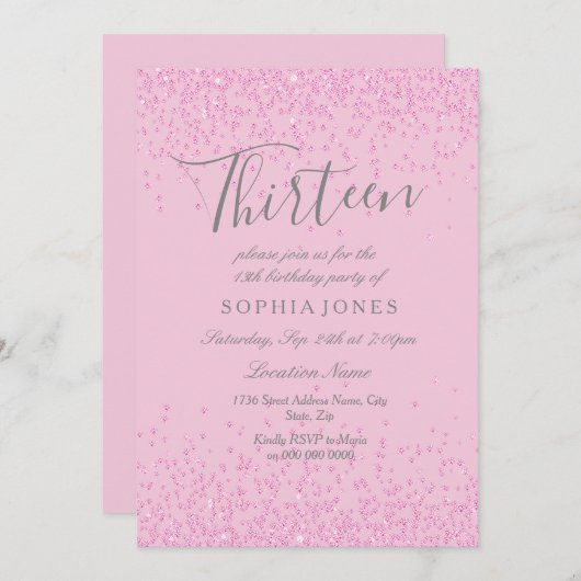 ピンクグリッターガールズ13thバースデーパーティー招待状 招待状 (正面/裏面)