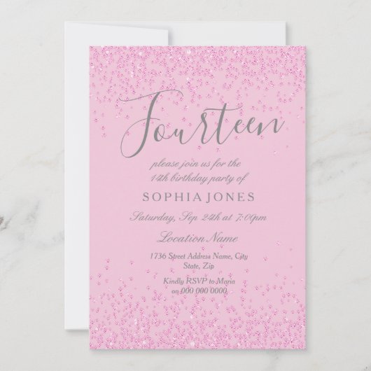 ピンクグリッターガールズ14thバースデーパーティー招待状 招待状 (正面)