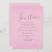 ピンクグリッターガールズ14thバースデーパーティー招待状 招待状 (正面/裏面)