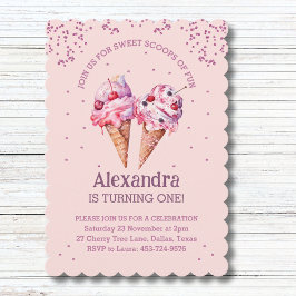ピンクグリッターガール アイスクリーム 1歳の誕生日パーティー 招待状