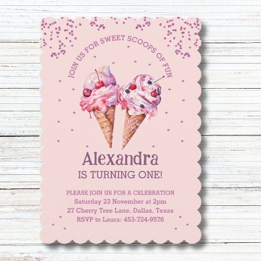 ピンクグリッターガール アイスクリーム 1歳の誕生日パーティー 招待状