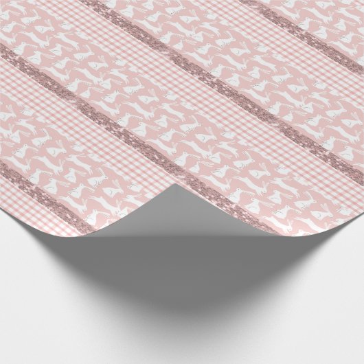 ピンクグリッターギンガムプレイドウサギ ラッピングペーパー (角)