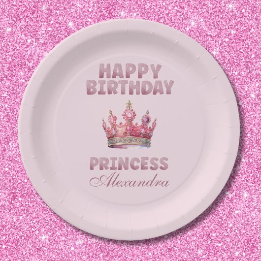 ピンクグリッタークラウンプリンセスフェアヤテール誕生日 ペーパープレート