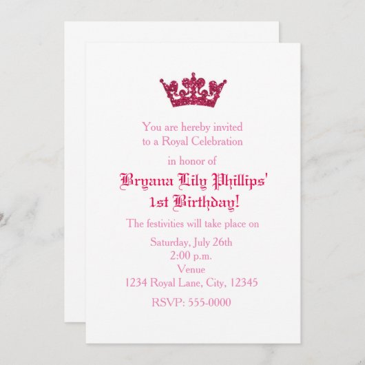 ピンクグリッタークラウンプリンセス誕生日招待状 招待状 (正面/裏面)