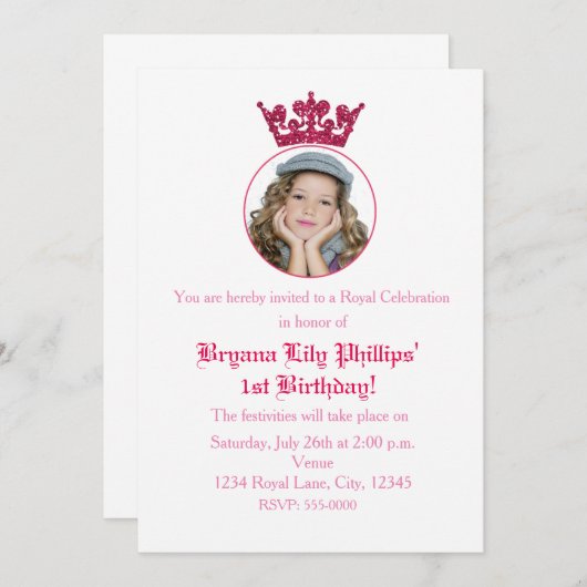 ピンクグリッタークラウン王室の誕生日フォト招待状 招待状 (正面/裏面)