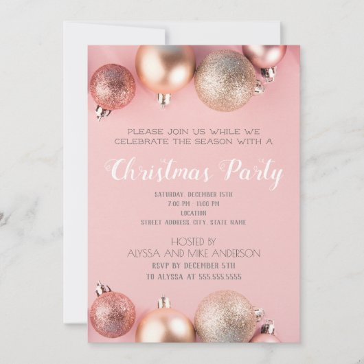 ピンクグリッタークリスマスオーナメントホリデー招待状 招待状 (正面)