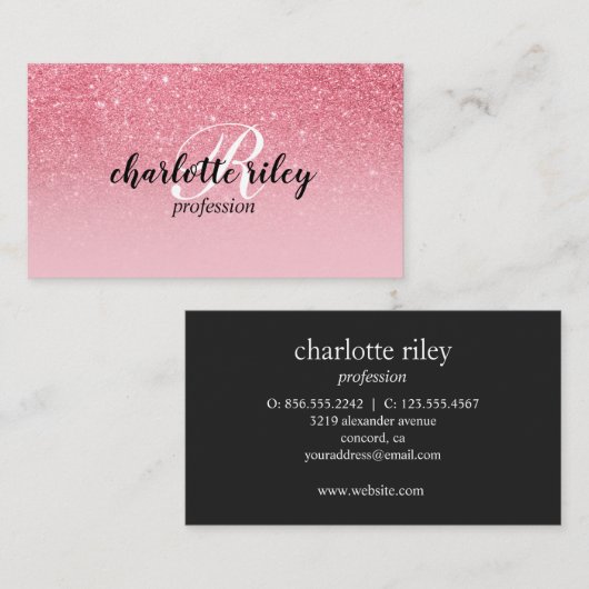 ピンクグリッターグラデーションの筆記式モノグラムサロンメイクアップ 名刺 (正面/裏面)