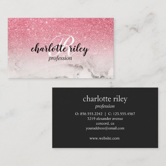 ピンクグリッターグラデーションの筆記式モノグラムサロンメイクアップ 名刺 (正面/裏面)