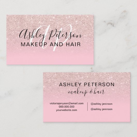 ピンクグリッターグラデーションキャンディモノグラム化粧ヘア 名刺 (正面/裏面)