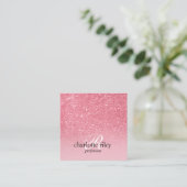 ピンクグリッターグラデーションモノグラムのサロンメイクアップ爪、 ネイル スクエア名刺 (スタンド正面)