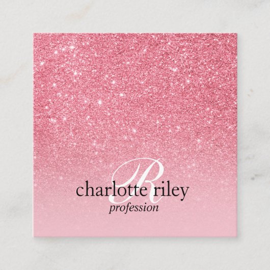 ピンクグリッターグラデーションモノグラムのサロンメイクアップ爪、 ネイル スクエア名刺 (正面)