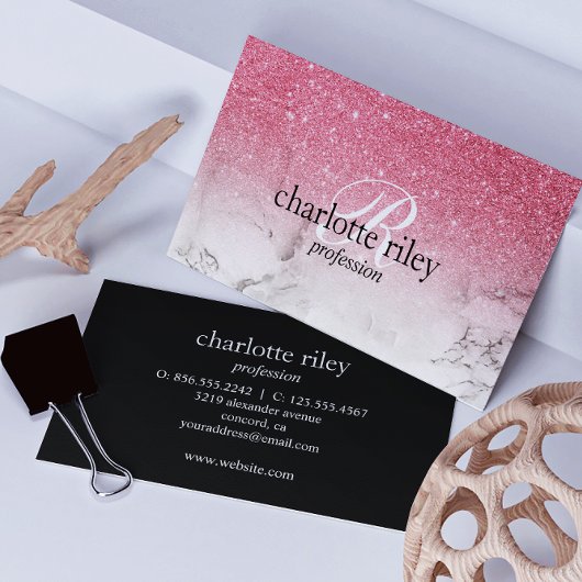 ピンクグリッターグラデーションモノグラムマーブルサロンメイクアップ 名刺