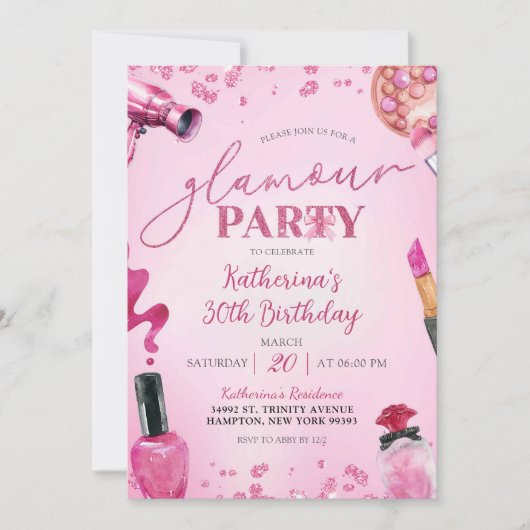 ピンクグリッターグラマーメイクアップ誕生日 招待状 (正面)