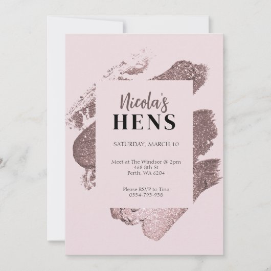 ピンクグリッターグラムヘンパーティの招待状旅程 招待状 (正面)