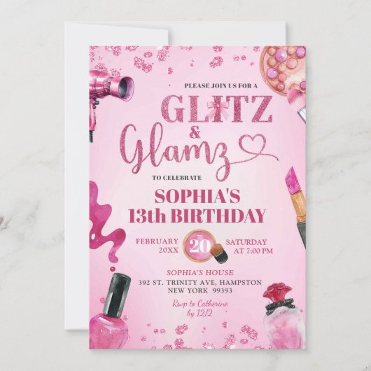 ピンクグリッターグリッツアンドグラムズメイクアップ誕生日 招待状 (正面)