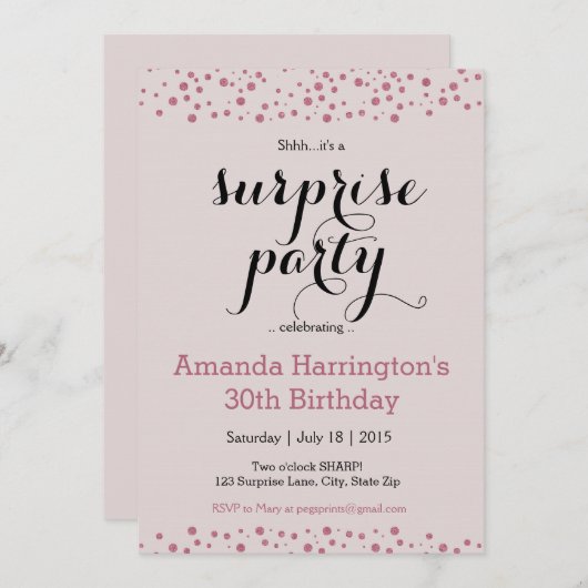 ピンクグリッターサプライズパーティの招待状 招待状 (正面/裏面)